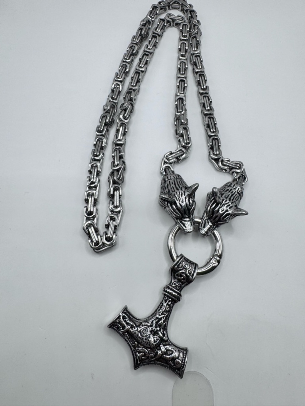 "Stainless Steel Viking Mjolnir Necklace Wolf Head Byzantine Chain Thor's Hammer
